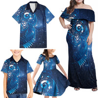 Aotearoa New Zealand New Year Family Matching Off Shoulder Maxi Dress and Hawaiian Shirt Tribal Koru Tattoo Blue Galaxy Maori Silver Fern