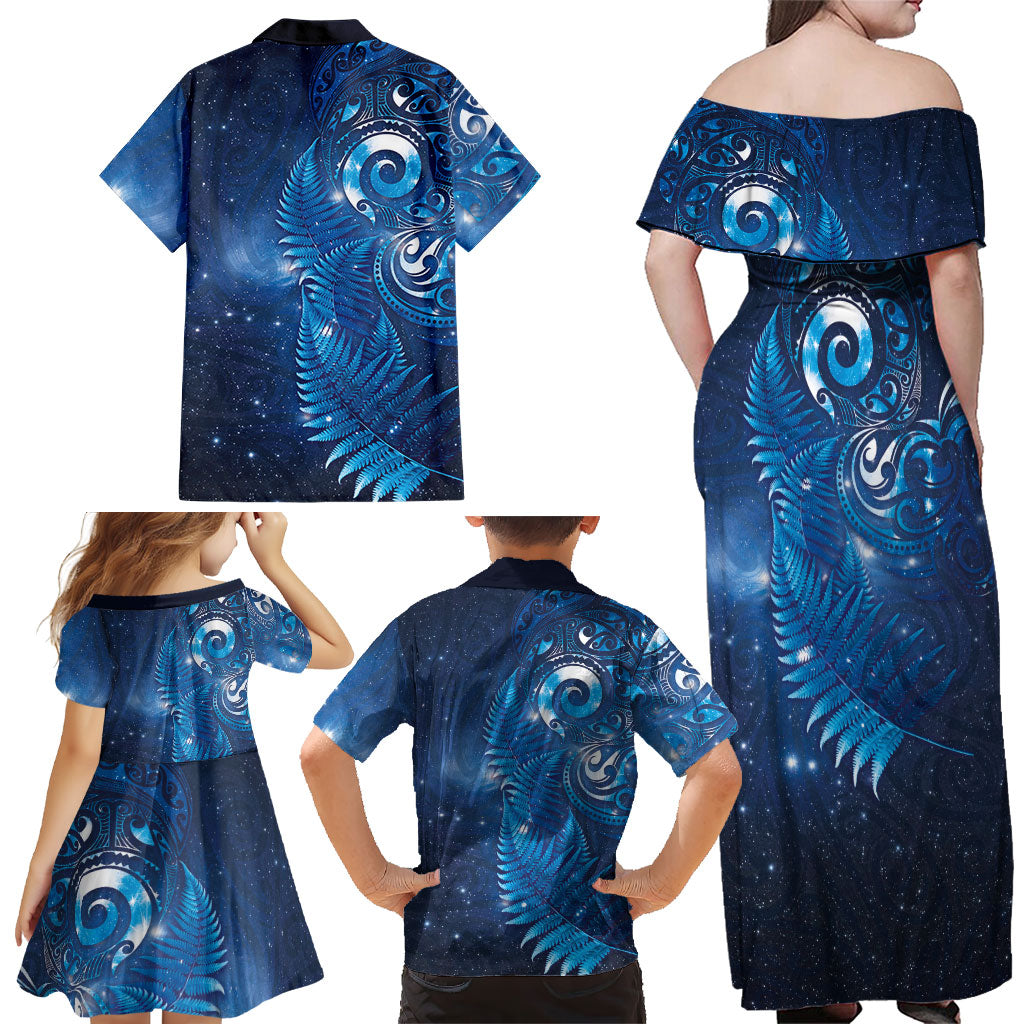 Aotearoa New Zealand New Year Family Matching Off Shoulder Maxi Dress and Hawaiian Shirt Tribal Koru Tattoo Blue Galaxy Maori Silver Fern