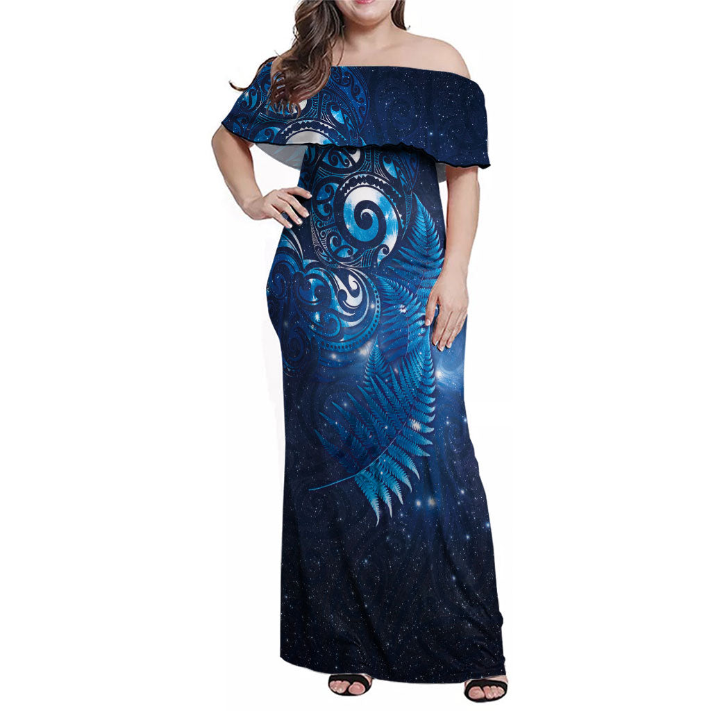 Aotearoa New Zealand New Year Family Matching Off Shoulder Maxi Dress and Hawaiian Shirt Tribal Koru Tattoo Blue Galaxy Maori Silver Fern