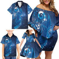 Aotearoa New Zealand New Year Family Matching Off Shoulder Short Dress and Hawaiian Shirt Tribal Koru Tattoo Blue Galaxy Maori Silver Fern