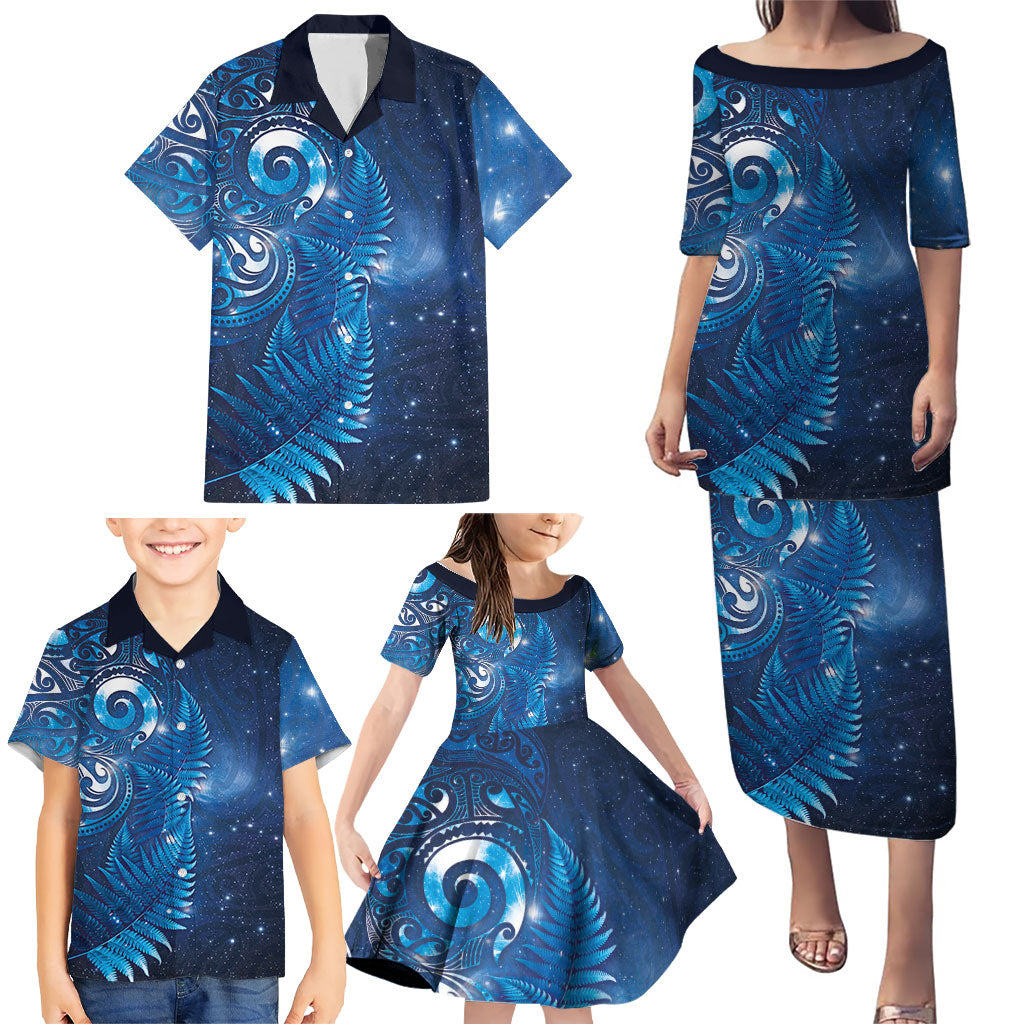 Aotearoa New Zealand New Year Family Matching Puletasi and Hawaiian Shirt Tribal Koru Tattoo Blue Galaxy Maori Silver Fern
