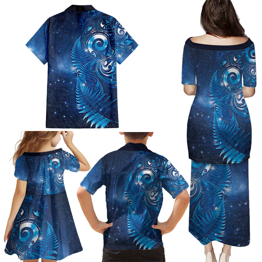 Aotearoa New Zealand New Year Family Matching Puletasi and Hawaiian Shirt Tribal Koru Tattoo Blue Galaxy Maori Silver Fern