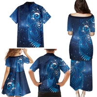 Aotearoa New Zealand New Year Family Matching Puletasi and Hawaiian Shirt Tribal Koru Tattoo Blue Galaxy Maori Silver Fern