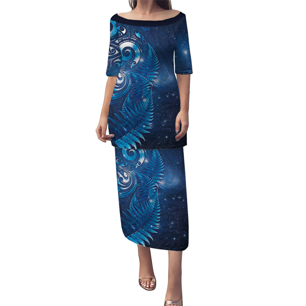 Aotearoa New Zealand New Year Family Matching Puletasi and Hawaiian Shirt Tribal Koru Tattoo Blue Galaxy Maori Silver Fern