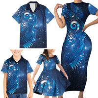 Aotearoa New Zealand New Year Family Matching Short Sleeve Bodycon Dress and Hawaiian Shirt Tribal Koru Tattoo Blue Galaxy Maori Silver Fern