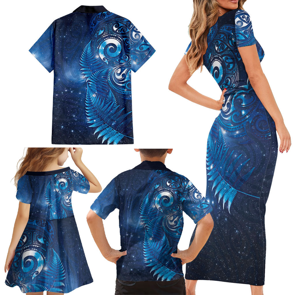 Aotearoa New Zealand New Year Family Matching Short Sleeve Bodycon Dress and Hawaiian Shirt Tribal Koru Tattoo Blue Galaxy Maori Silver Fern
