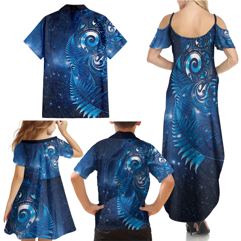 Aotearoa New Zealand New Year Family Matching Summer Maxi Dress and Hawaiian Shirt Tribal Koru Tattoo Blue Galaxy Maori Silver Fern