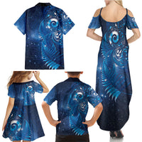 Aotearoa New Zealand New Year Family Matching Summer Maxi Dress and Hawaiian Shirt Tribal Koru Tattoo Blue Galaxy Maori Silver Fern