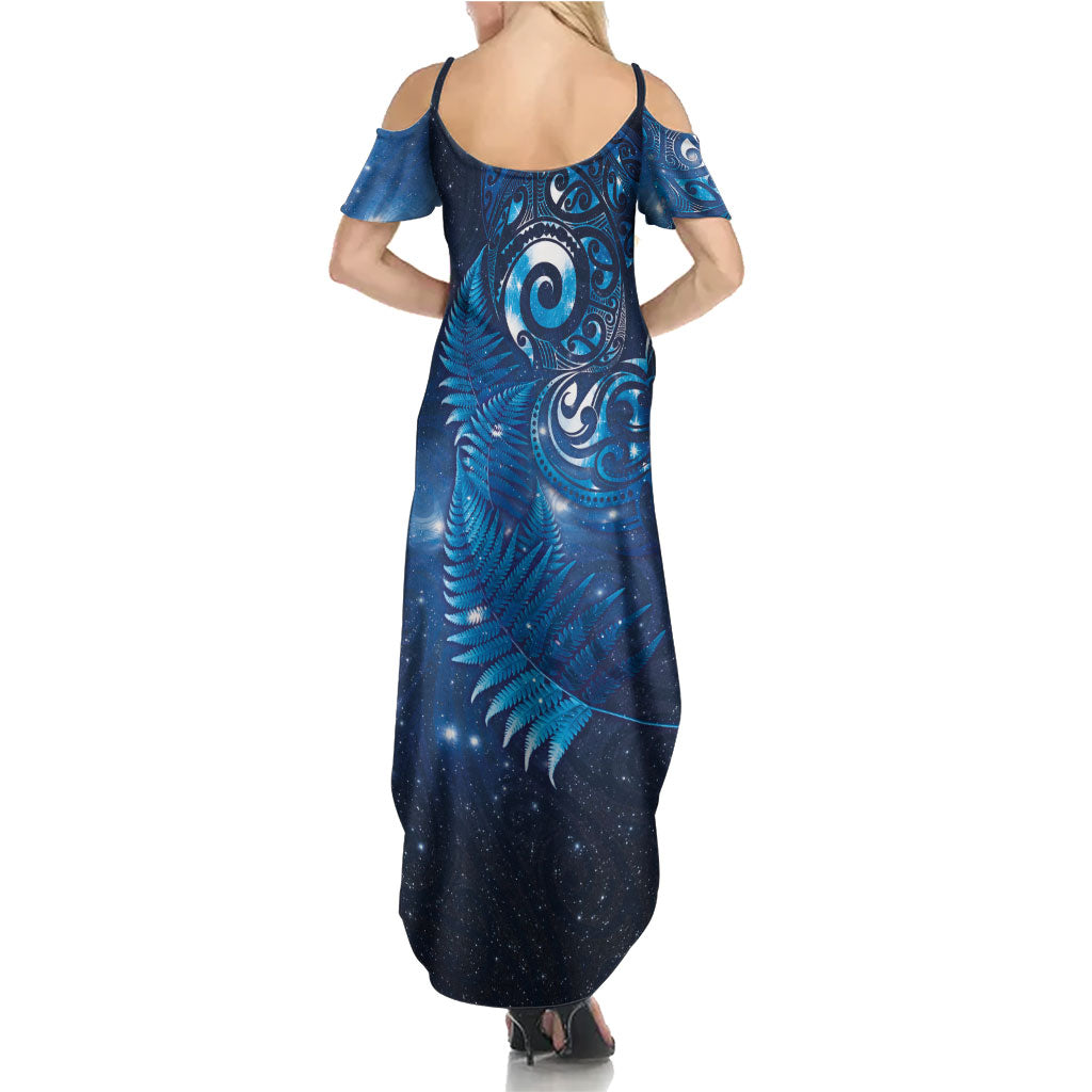 Aotearoa New Zealand New Year Family Matching Summer Maxi Dress and Hawaiian Shirt Tribal Koru Tattoo Blue Galaxy Maori Silver Fern