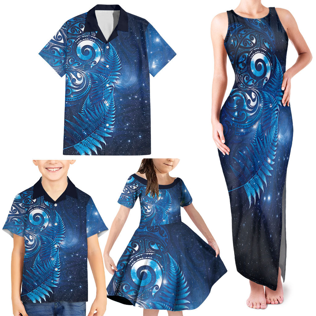 Aotearoa New Zealand New Year Family Matching Tank Maxi Dress and Hawaiian Shirt Tribal Koru Tattoo Blue Galaxy Maori Silver Fern LT03 - Polynesian Pride