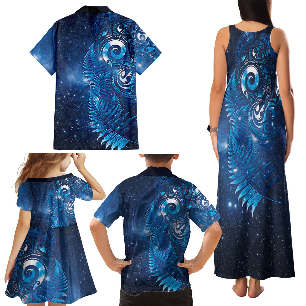 Aotearoa New Zealand New Year Family Matching Tank Maxi Dress and Hawaiian Shirt Tribal Koru Tattoo Blue Galaxy Maori Silver Fern LT03 - Polynesian Pride