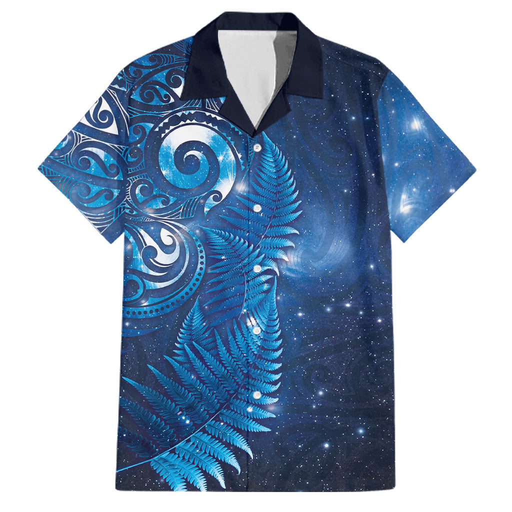Aotearoa New Zealand New Year Family Matching Tank Maxi Dress and Hawaiian Shirt Tribal Koru Tattoo Blue Galaxy Maori Silver Fern LT03 Dad's Shirt - Short Sleeve Blue - Polynesian Pride