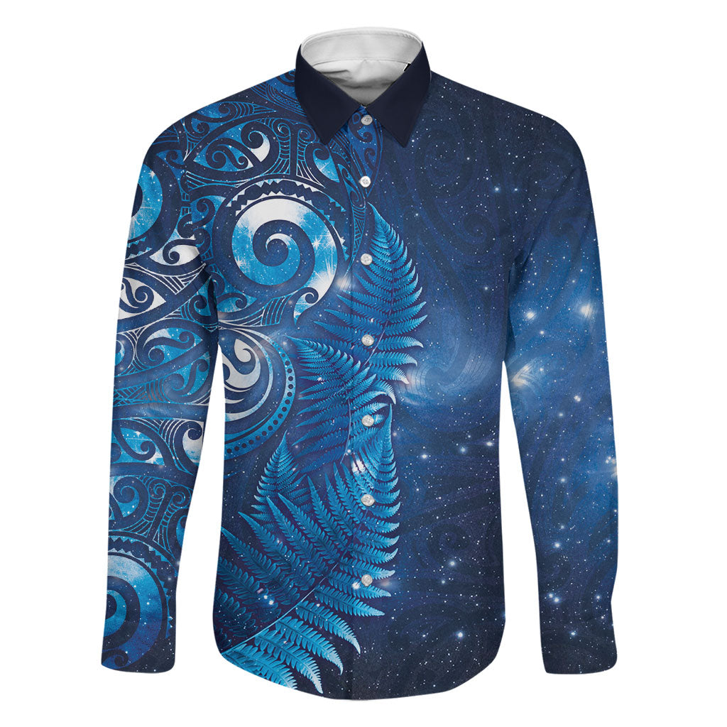 Aotearoa New Zealand New Year Family Matching Tank Maxi Dress and Hawaiian Shirt Tribal Koru Tattoo Blue Galaxy Maori Silver Fern LT03 Dad's Shirt - Long Sleeve Blue - Polynesian Pride