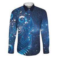 Aotearoa New Zealand New Year Family Matching Tank Maxi Dress and Hawaiian Shirt Tribal Koru Tattoo Blue Galaxy Maori Silver Fern LT03 Dad's Shirt - Long Sleeve Blue - Polynesian Pride