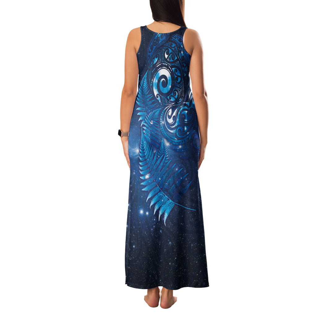 Aotearoa New Zealand New Year Family Matching Tank Maxi Dress and Hawaiian Shirt Tribal Koru Tattoo Blue Galaxy Maori Silver Fern LT03 - Polynesian Pride