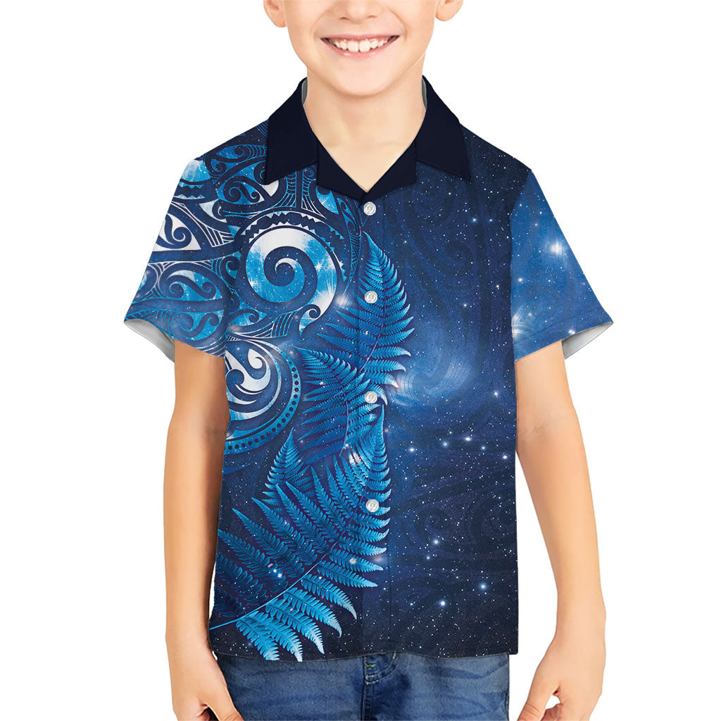 Aotearoa New Zealand New Year Family Matching Tank Maxi Dress and Hawaiian Shirt Tribal Koru Tattoo Blue Galaxy Maori Silver Fern LT03 Son's Shirt Blue - Polynesian Pride