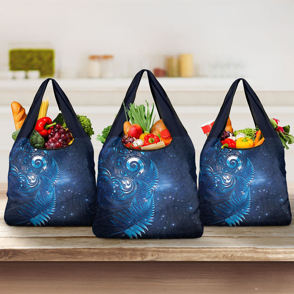 Aotearoa New Zealand New Year Grocery Bag Tribal Koru Tattoo Blue Galaxy Maori Silver Fern
