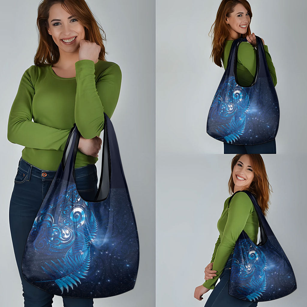 Aotearoa New Zealand New Year Grocery Bag Tribal Koru Tattoo Blue Galaxy Maori Silver Fern