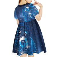 Aotearoa New Zealand New Year Kid Short Sleeve Dress Tribal Koru Tattoo Blue Galaxy Maori Silver Fern