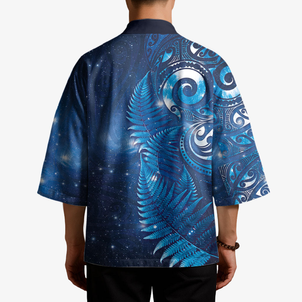 Aotearoa New Zealand New Year Kimono Tribal Koru Tattoo Blue Galaxy Maori Silver Fern