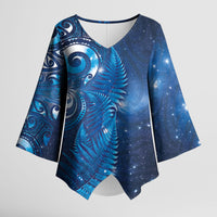 Aotearoa New Zealand New Year Kimono Sleeve Blouse Tribal Koru Tattoo Blue Galaxy Maori Silver Fern