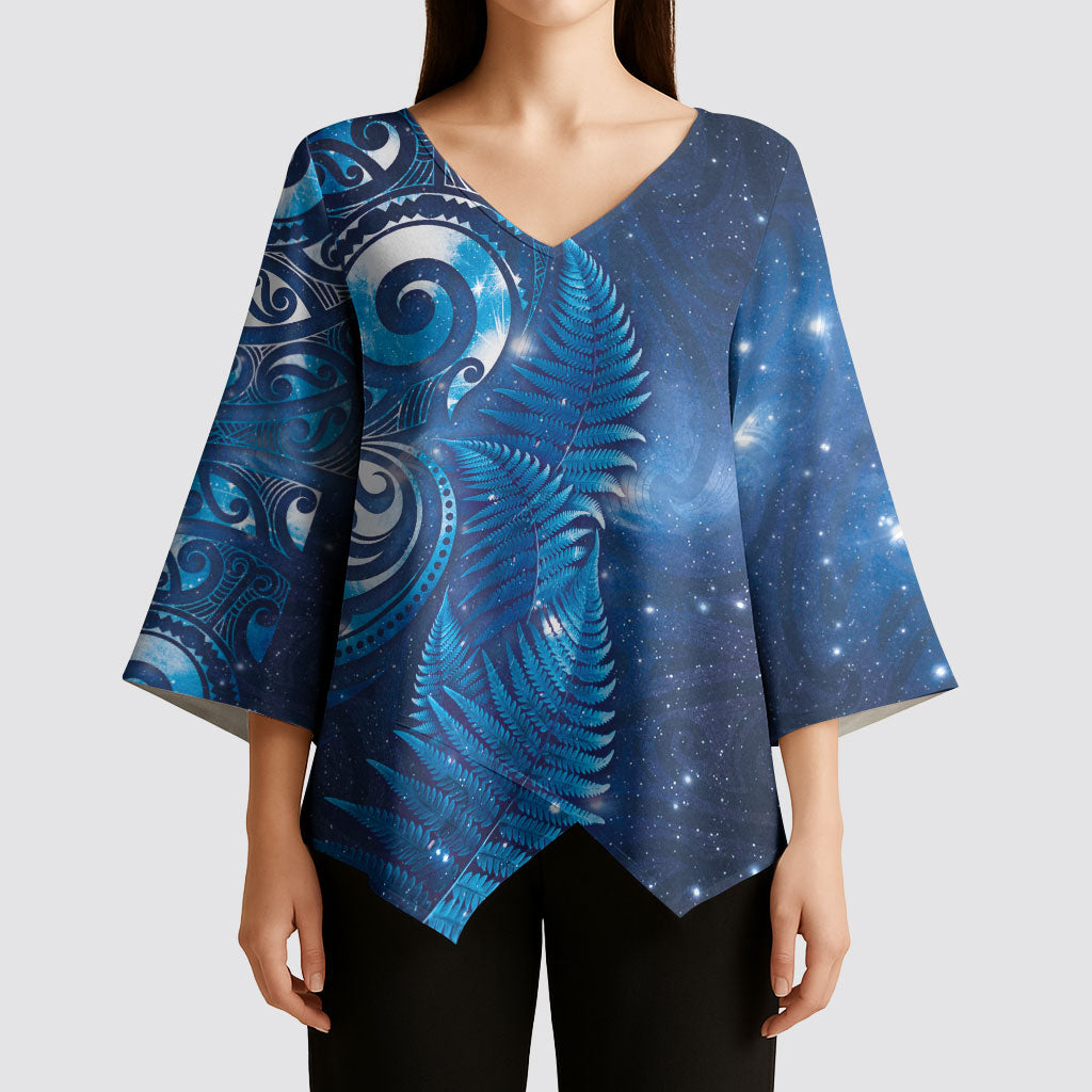 Aotearoa New Zealand New Year Kimono Sleeve Blouse Tribal Koru Tattoo Blue Galaxy Maori Silver Fern