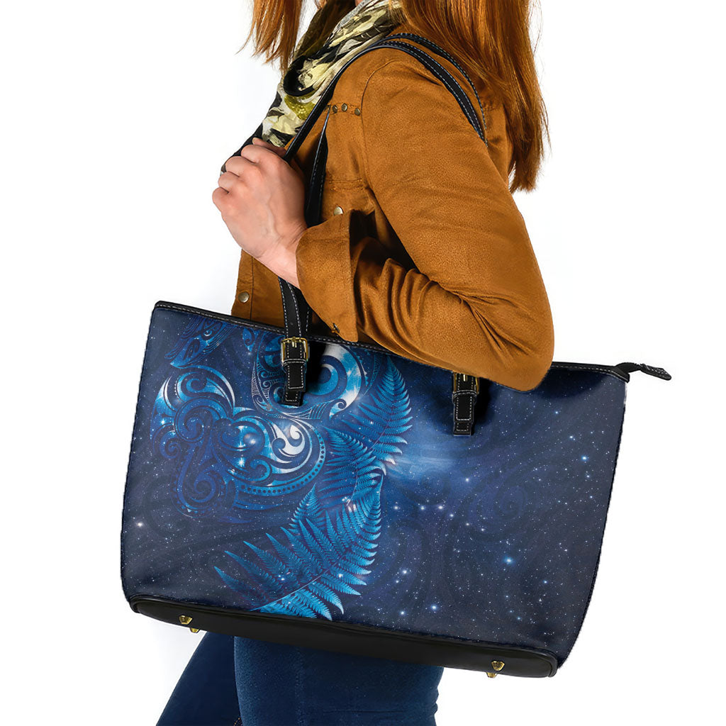 Aotearoa New Zealand New Year Leather Tote Bag Tribal Koru Tattoo Blue Galaxy Maori Silver Fern