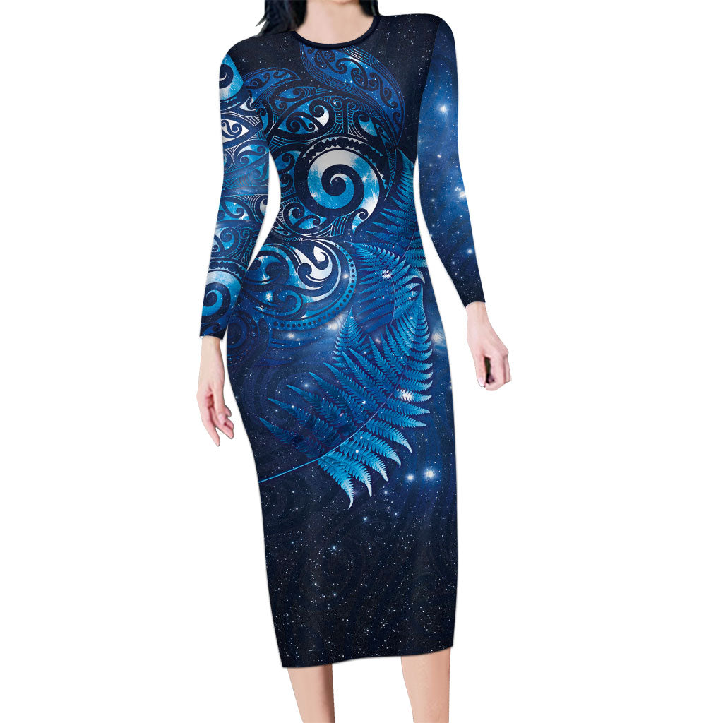 Aotearoa New Zealand New Year Long Sleeve Bodycon Dress Tribal Koru Tattoo Blue Galaxy Maori Silver Fern
