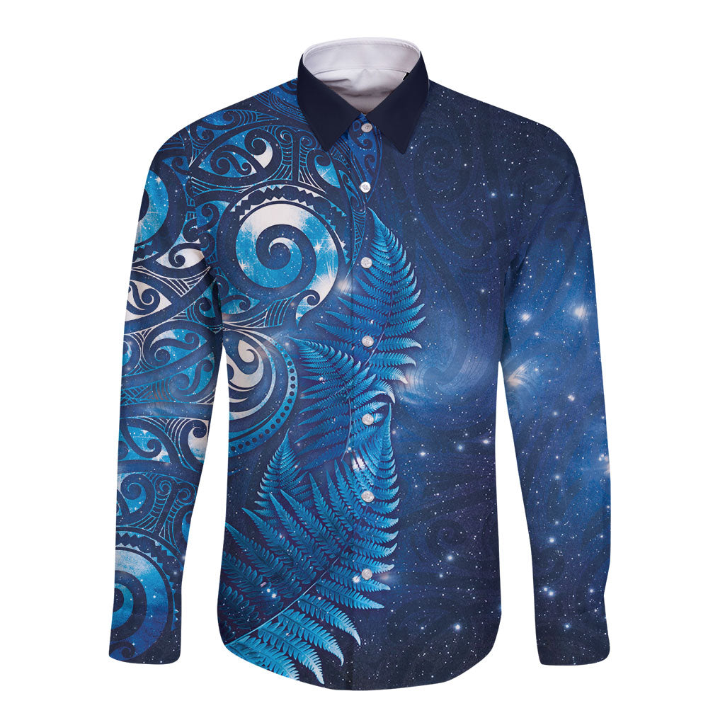 Aotearoa New Zealand New Year Long Sleeve Button Shirt Tribal Koru Tattoo Blue Galaxy Maori Silver Fern