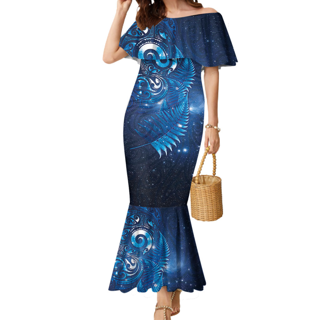 Aotearoa New Zealand New Year Mermaid Dress Tribal Koru Tattoo Blue Galaxy Maori Silver Fern