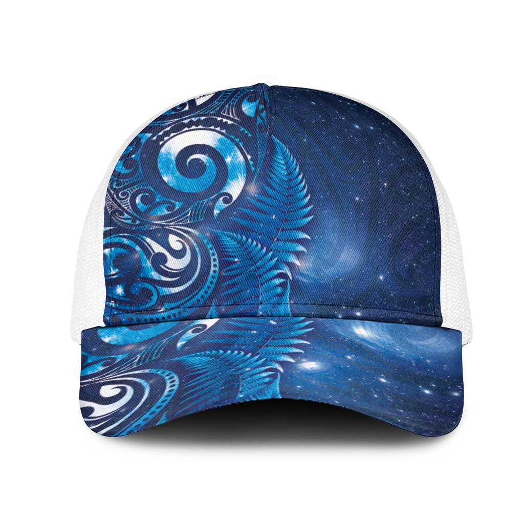 Aotearoa New Zealand New Year Mesh Trucker Cap Tribal Koru Tattoo Blue Galaxy Maori Silver Fern