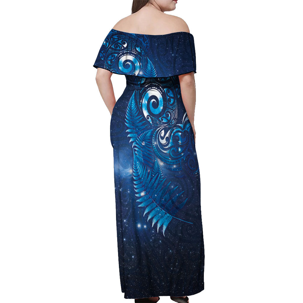 Aotearoa New Zealand New Year Off Shoulder Maxi Dress Tribal Koru Tattoo Blue Galaxy Maori Silver Fern