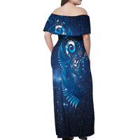 Aotearoa New Zealand New Year Off Shoulder Maxi Dress Tribal Koru Tattoo Blue Galaxy Maori Silver Fern
