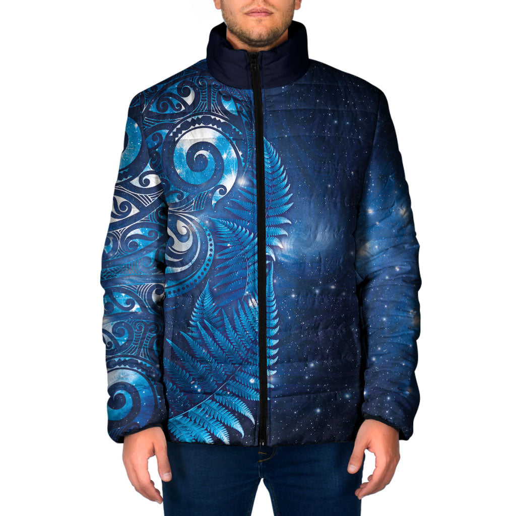 Aotearoa New Zealand New Year Padded Jacket Tribal Koru Tattoo Blue Galaxy Maori Silver Fern