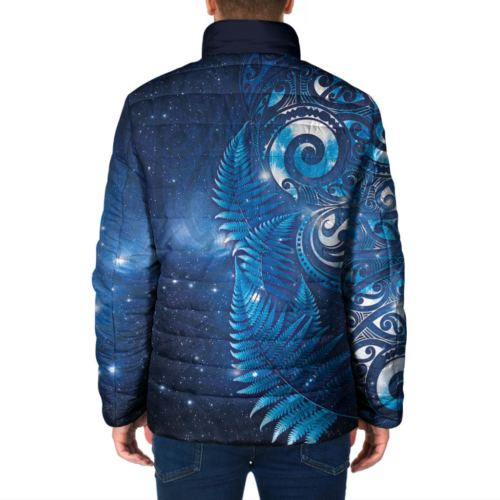 Aotearoa New Zealand New Year Padded Jacket Tribal Koru Tattoo Blue Galaxy Maori Silver Fern
