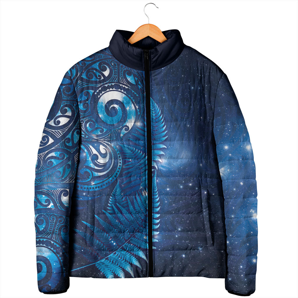Aotearoa New Zealand New Year Padded Jacket Tribal Koru Tattoo Blue Galaxy Maori Silver Fern