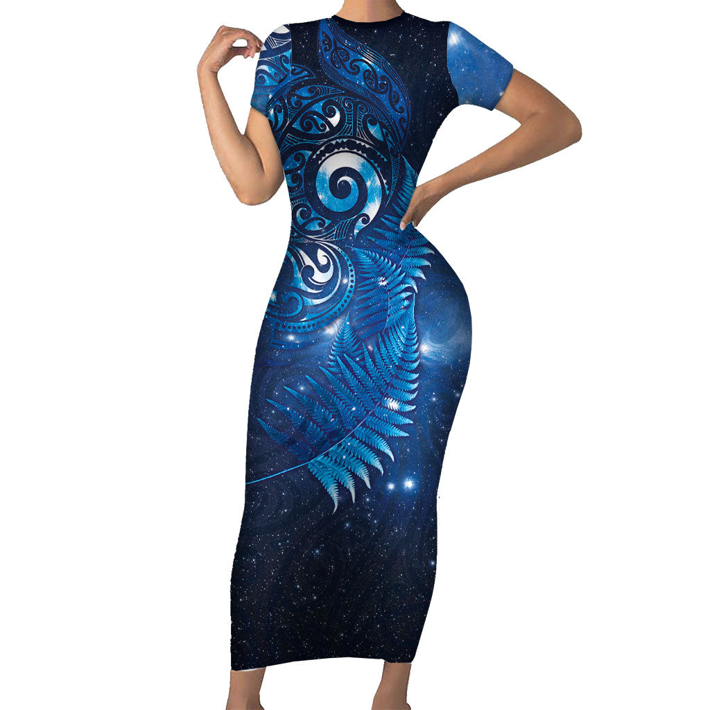 Aotearoa New Zealand New Year Short Sleeve Bodycon Dress Tribal Koru Tattoo Blue Galaxy Maori Silver Fern