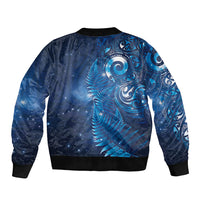 Aotearoa New Zealand New Year Sleeve Zip Bomber Jacket Tribal Koru Tattoo Blue Galaxy Maori Silver Fern