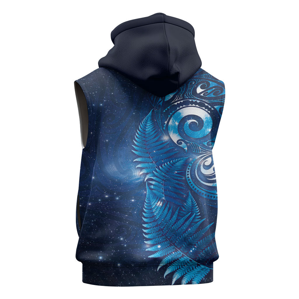 Aotearoa New Zealand New Year Sleeveless Hoodie Tribal Koru Tattoo Blue Galaxy Maori Silver Fern
