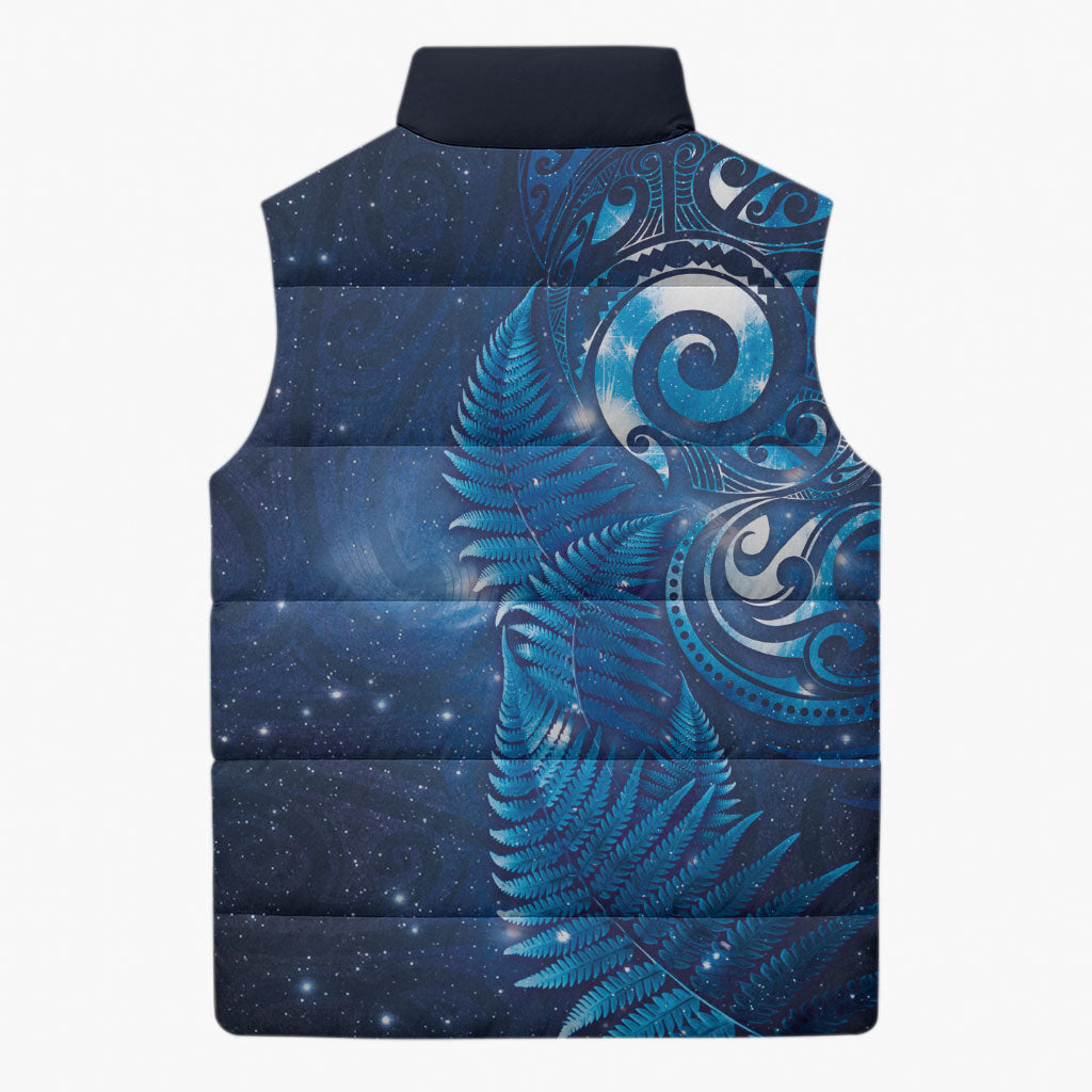 Aotearoa New Zealand New Year Sleeveless Puffer Jacket Tribal Koru Tattoo Blue Galaxy Maori Silver Fern