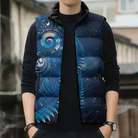 Aotearoa New Zealand New Year Sleeveless Puffer Jacket Tribal Koru Tattoo Blue Galaxy Maori Silver Fern