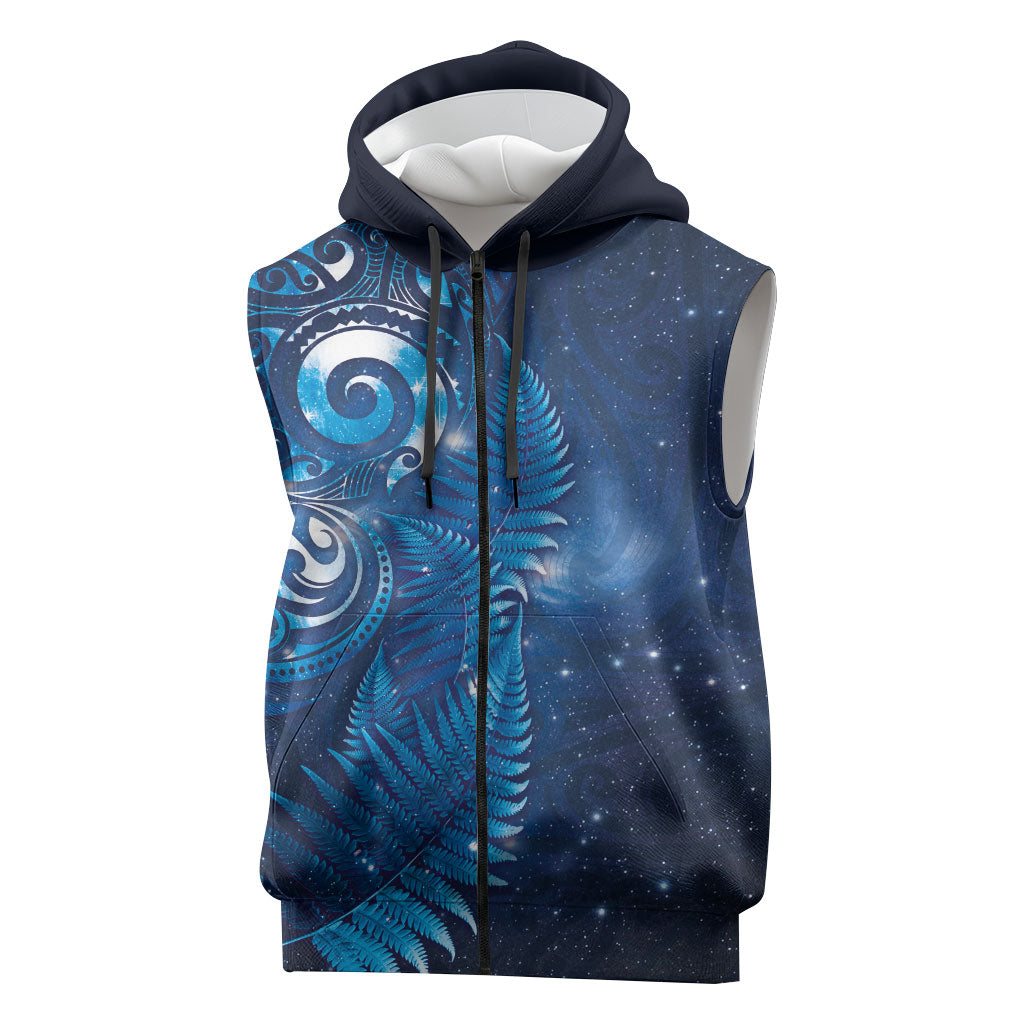 Aotearoa New Zealand New Year Sleeveless Zip Hoodie Tribal Koru Tattoo Blue Galaxy Maori Silver Fern