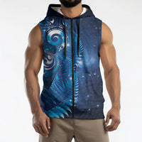 Aotearoa New Zealand New Year Sleeveless Zip Hoodie Tribal Koru Tattoo Blue Galaxy Maori Silver Fern