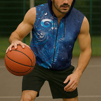 Aotearoa New Zealand New Year Sleeveless Zip Hoodie Tribal Koru Tattoo Blue Galaxy Maori Silver Fern