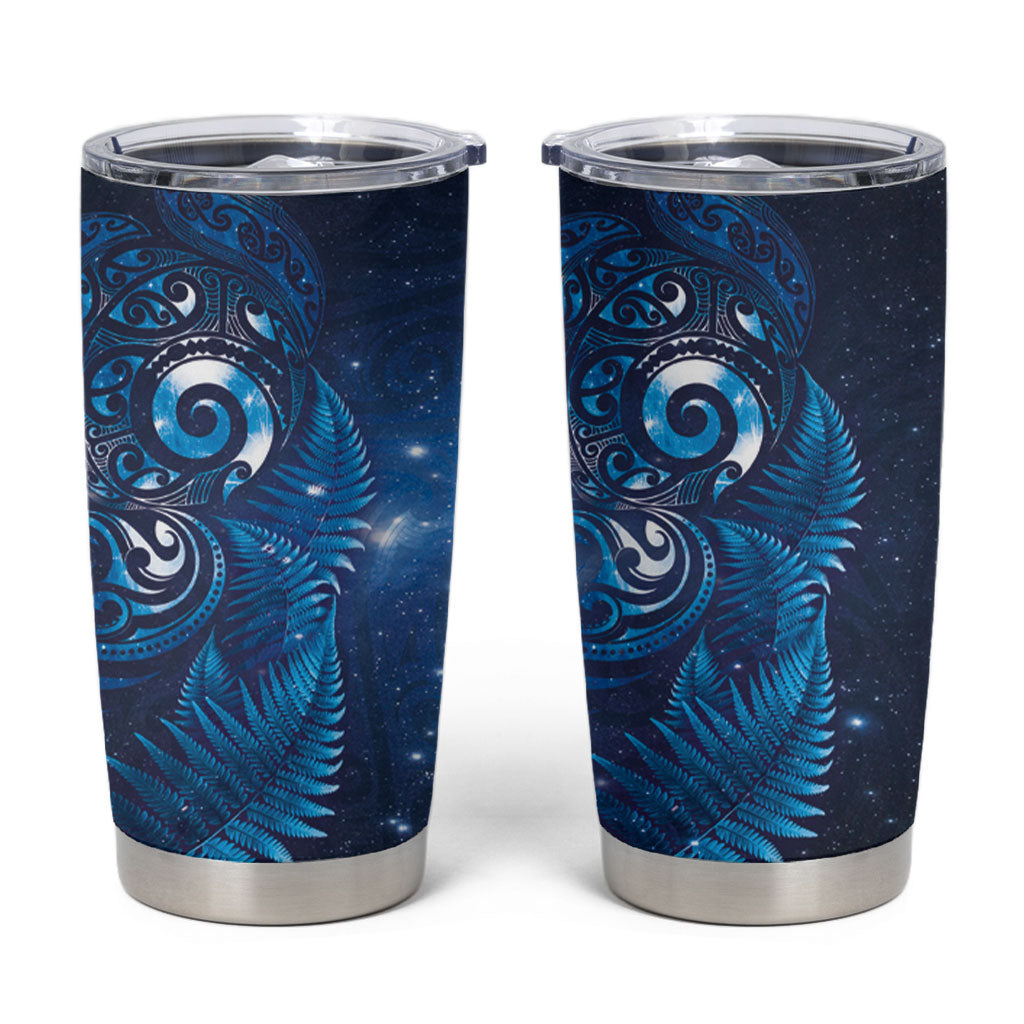 Aotearoa New Zealand New Year Tumbler Cup Tribal Koru Tattoo Blue Galaxy Maori Silver Fern
