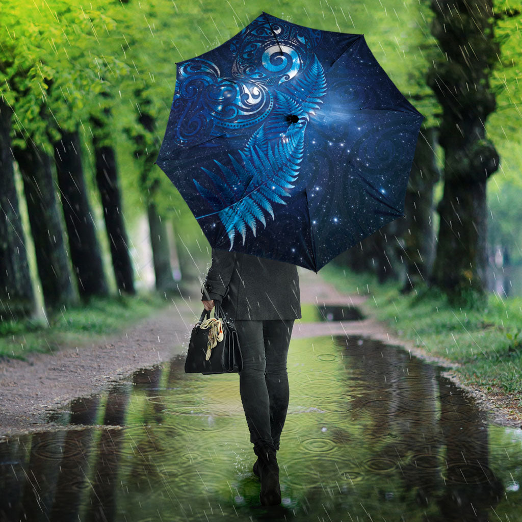 Aotearoa New Zealand New Year Umbrella Tribal Koru Tattoo Blue Galaxy Maori Silver Fern