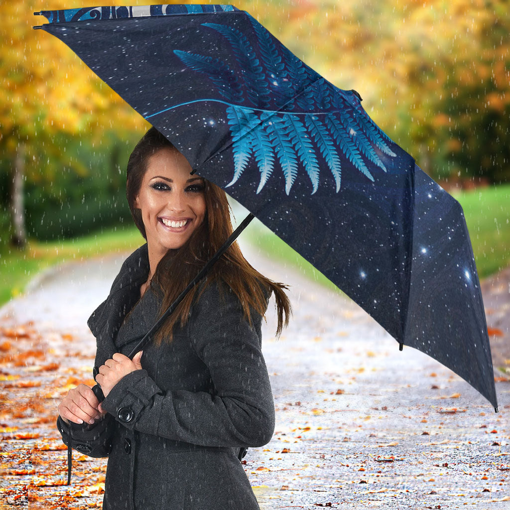 Aotearoa New Zealand New Year Umbrella Tribal Koru Tattoo Blue Galaxy Maori Silver Fern