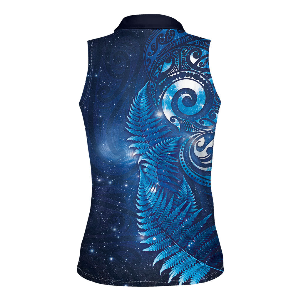 Aotearoa New Zealand New Year Women Sleeveless Polo Shirt Tribal Koru Tattoo Blue Galaxy Maori Silver Fern