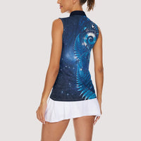 Aotearoa New Zealand New Year Women Sleeveless Polo Shirt Tribal Koru Tattoo Blue Galaxy Maori Silver Fern