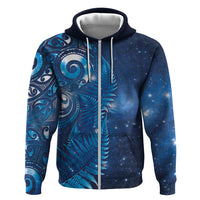 Aotearoa New Zealand New Year Zip Hoodie Tribal Koru Tattoo Blue Galaxy Maori Silver Fern